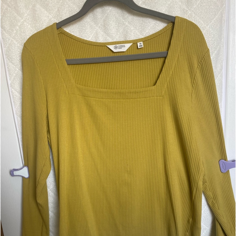 Candace Cameron Bure Square-Neck Soft Ruffle Hem Rib Knit Top, Golden Olive, Med